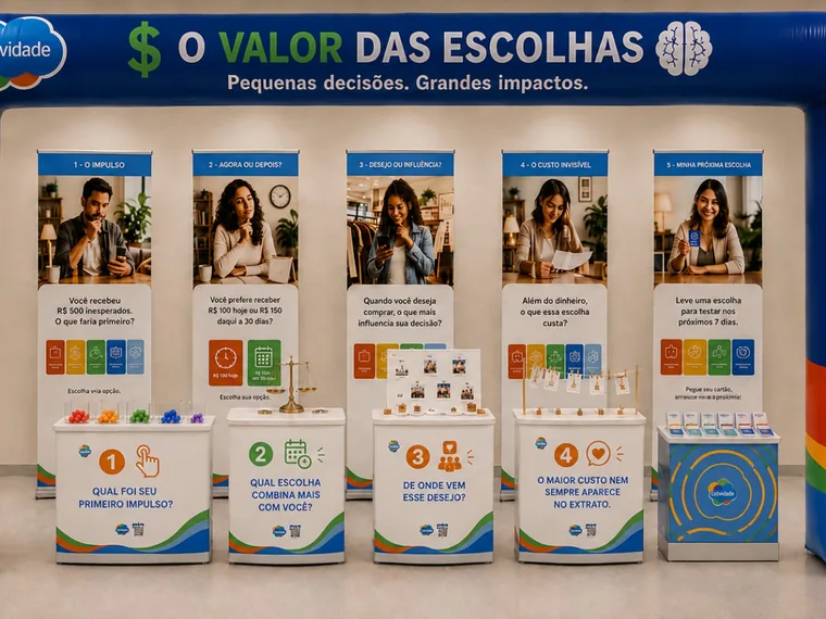 Estande de saúde financeira em uma campanha interna