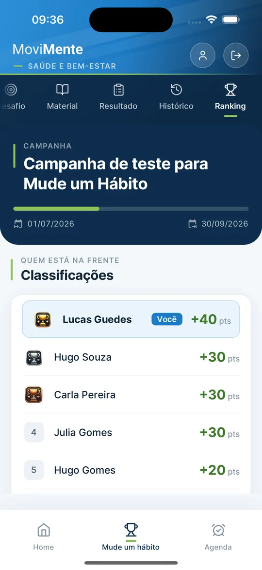 App Movimente: classificação da campanha, por pessoa, grupo ou unidade
